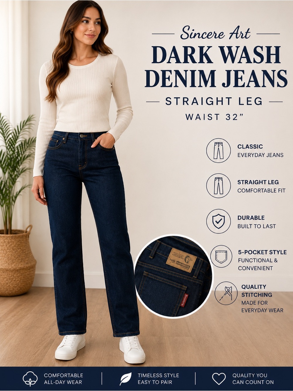 Sincere Art Dark Wash Straight Leg Jeans Women’s 32” Waist Classic Blue Denim